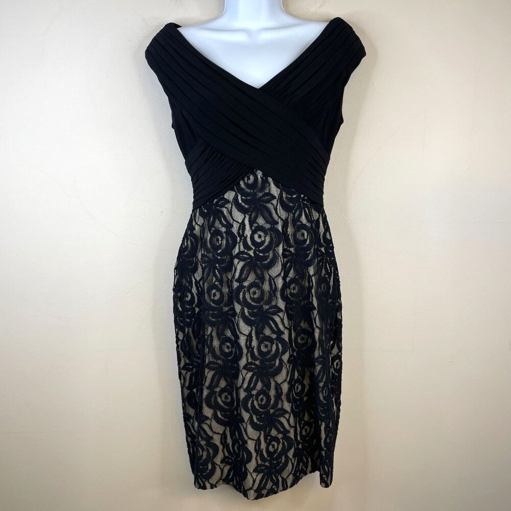 Adrianna Papell Dress Womens 6 Pleated Timeless Cocktail Stretch Lace Sheath LBD - Picture 1 of 16